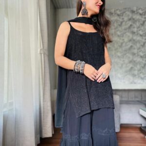 Black Amayra Viscouse Short Noodle Strap Kurti with Garara & Dupatta