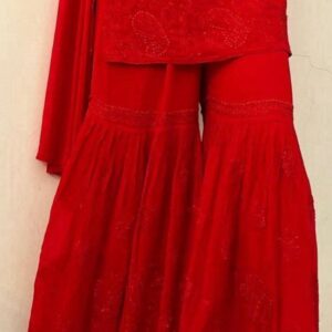 Amayra Viscouse Short Noodle Strap Kurti with Garara & Dupatta Red-1