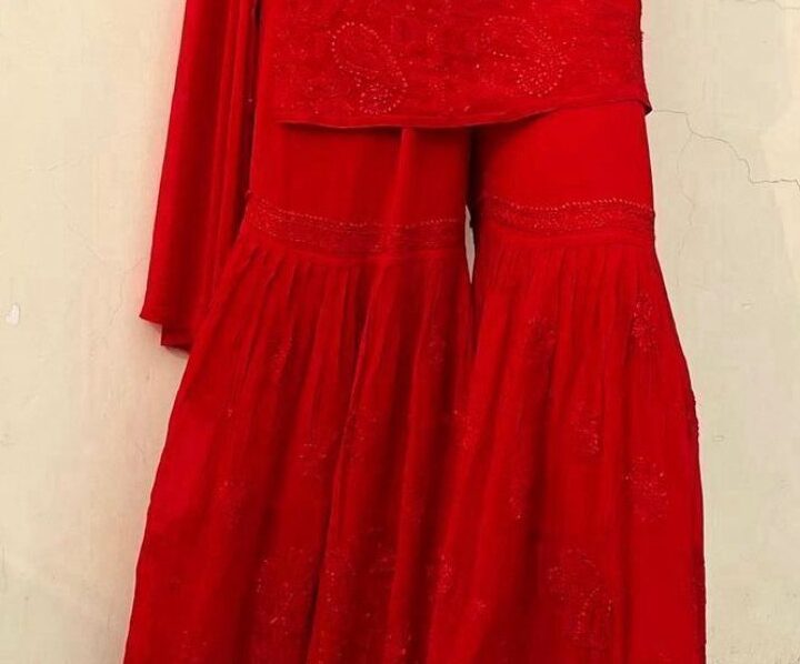 Amayra Viscouse Short Noodle Strap Kurti with Garara & Dupatta Red-1