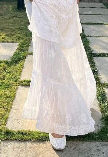 White Amayra Viscouse Short Noodle Strap Kurti with Garara & Dupatta Bottom