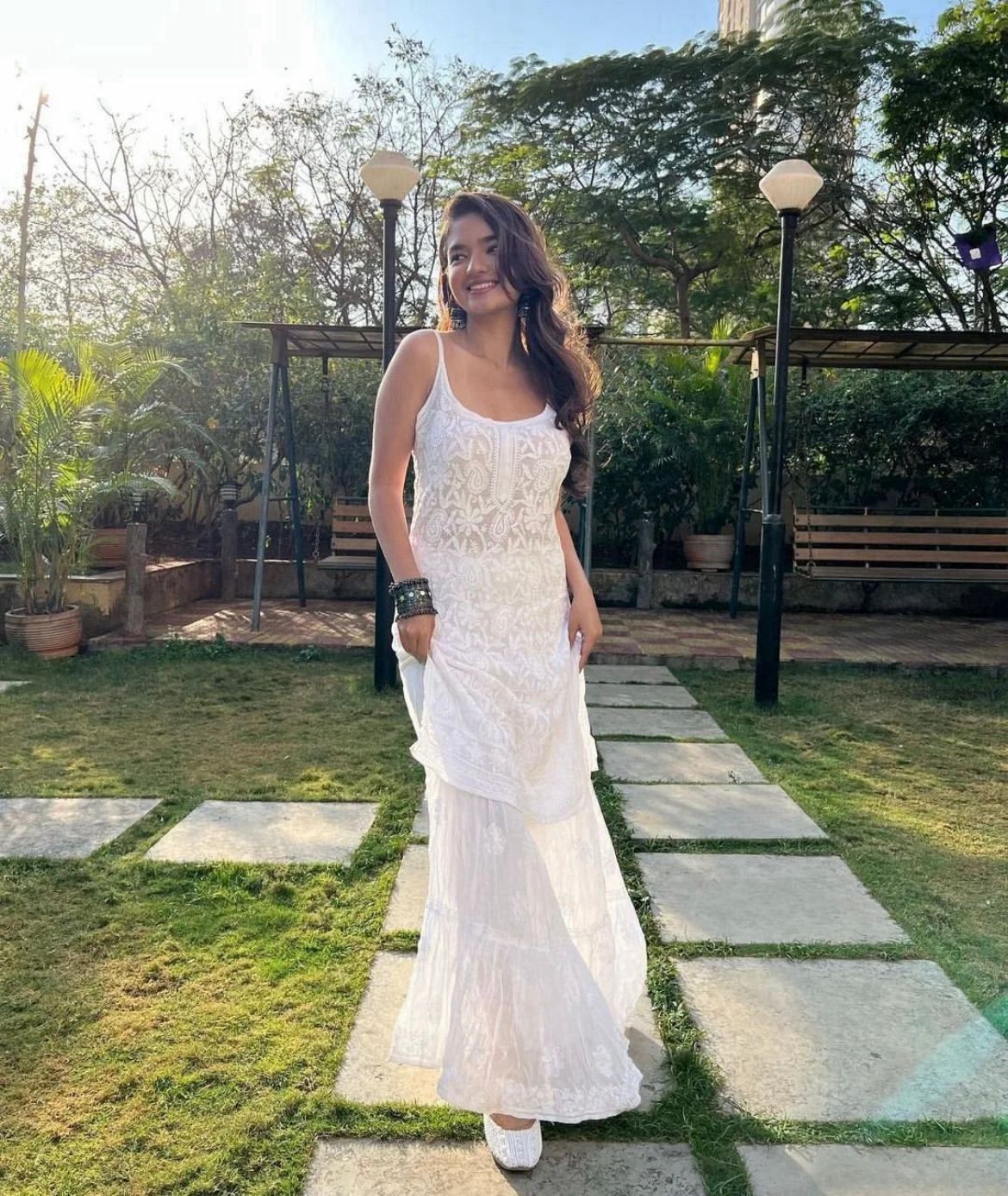 White Amayra Viscouse Short Noodle Strap Kurti with Garara & Dupatta