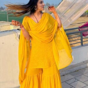 Amayra Viscouse Short Noodle Strap Kurti with Garara & Dupatta Yellow