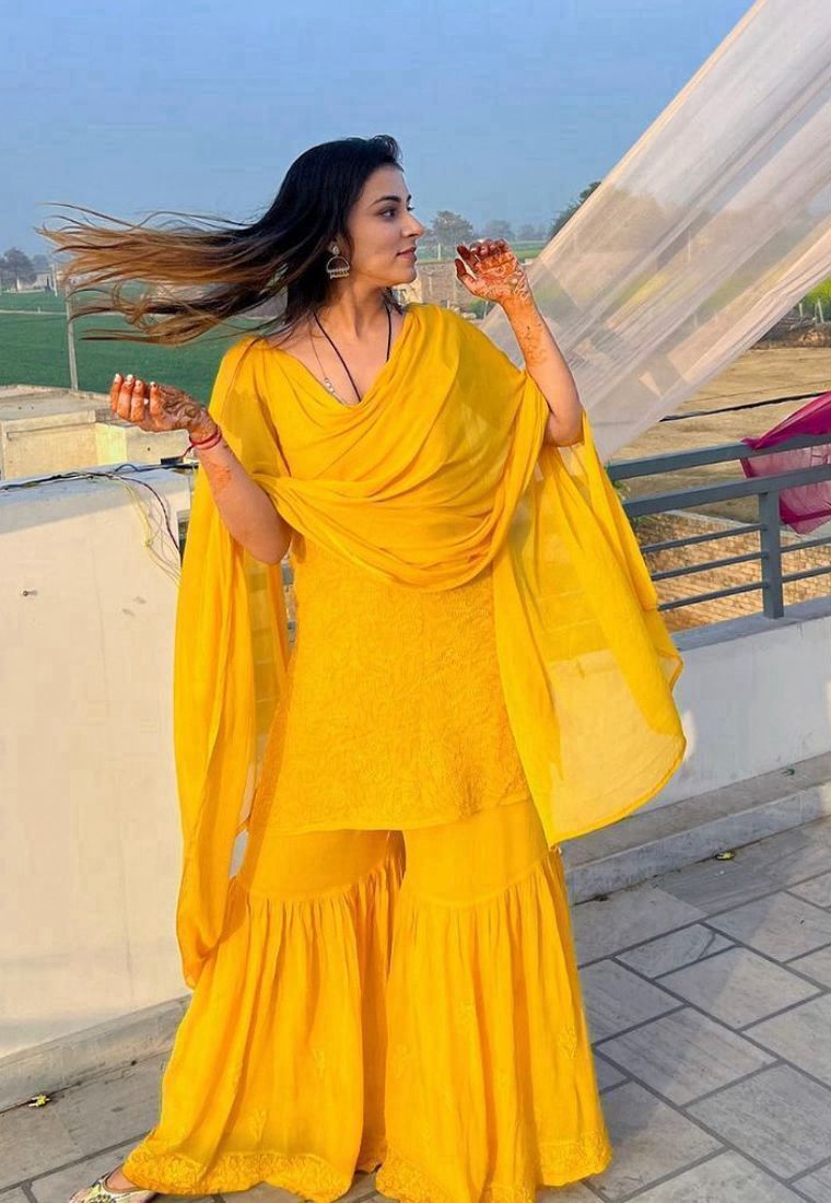 Amayra Viscouse Short Noodle Strap Kurti with Garara & Dupatta Yellow