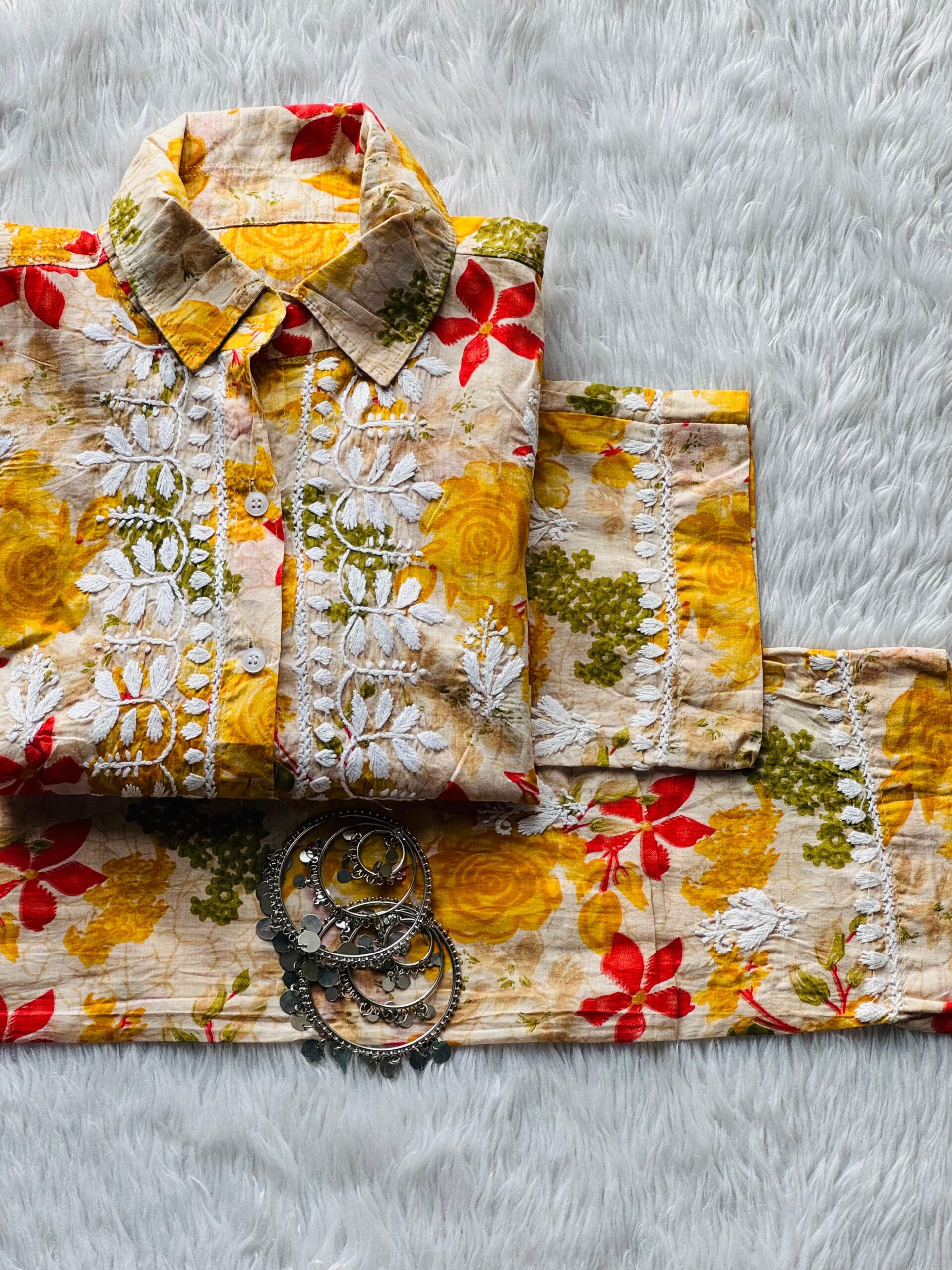 Elif Floral Printed Cord Set Yellow